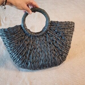 Bujibaja Charcoal Gray Woven Straw Fan Tote Bag Circular Handle‎ Summer Beach